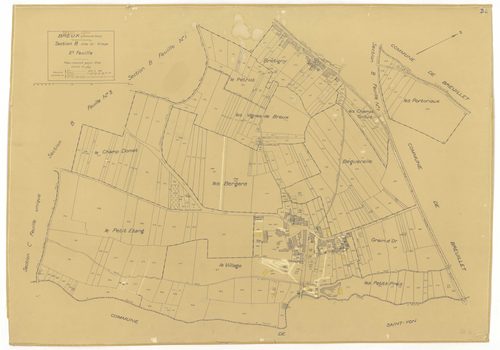 Plans minutes de conservation : BREUX-JOUY : tableau d'assemblage, ech. 1/10000 (1932), sections A1, ech. 1/2500, sections A2, B1, B2, B3, ech. 1/1250, sections C, ech. 1/2500 (1932) ; section A2, ech. 1/1250 (1968), NB, papier, 105x80 [8 plans]. 