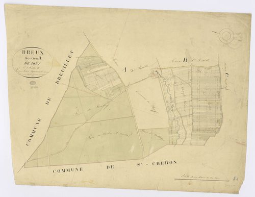 BREUX-JOUY. - Section A - Jouy, 1ère feuille, ech. 1/2500, coul., aquarelle, papier, 68x91 (1826). 