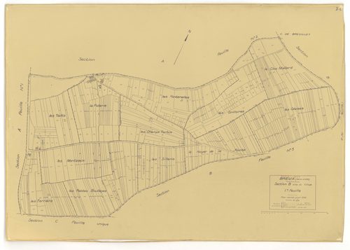 Plans minutes de conservation : BREUX-JOUY : tableau d'assemblage, ech. 1/10000 (1932), sections A1, ech. 1/2500, sections A2, B1, B2, B3, ech. 1/1250, sections C, ech. 1/2500 (1932) ; section A2, ech. 1/1250 (1968), NB, papier, 105x80 [8 plans]. 
