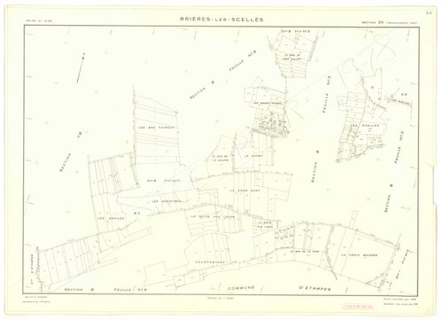 Plans minutes de conservation : BRIERES-LES-SCELLES : tableau d'assemblage n°1, ech. 1/5000 (1943), sections A1, A2, A3, A4, A5, A6, A7, B1, B2, B3, B4, B5, B6, B7, ech. 1/1250, section B1 (1953) ; sections B4 et B7, ech. 1/1250 (1961) ; section ZA, ech. 