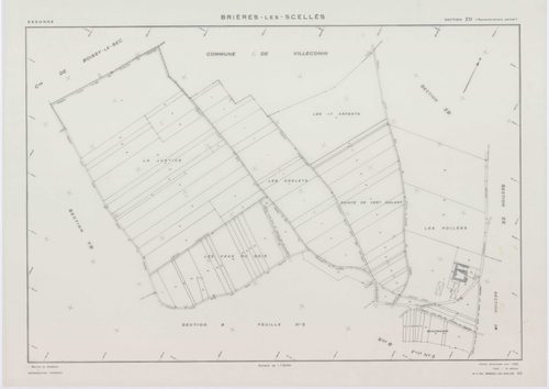 BRIERES-LES-SCELLES, plans minutes de conservation : tableau d'assemblage,1943, Ech. 1/5000 ; plans des sections A2, A3, A4, A5, A6, B3, B5, B6, 1943, Ech. 1/1250, sections ZB, ZC, 1960, Ech. 1/2000, section YB, 1961, Ech. 1/2000, sections ZD, ZE, ZH, ZI,