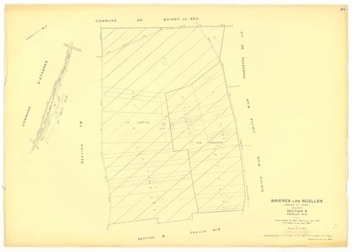 Plans minutes de conservation : BRIERES-LES-SCELLES : tableau d'assemblage n°1, ech. 1/5000 (1943), sections A1, A2, A3, A4, A5, A6, A7, B1, B2, B3, B4, B5, B6, B7, ech. 1/1250, section B1 (1953) ; sections B4 et B7, ech. 1/1250 (1961) ; section ZA, ech. 