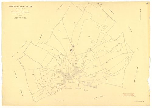 Plans minutes de conservation : BRIERES-LES-SCELLES : tableau d'assemblage n°1, ech. 1/5000 (1943), sections A1, A2, A3, A4, A5, A6, A7, B1, B2, B3, B4, B5, B6, B7, ech. 1/1250, section B1 (1953) ; sections B4 et B7, ech. 1/1250 (1961) ; section ZA, ech. 