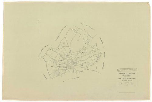 Plans minutes de conservation : BRIERES-LES-SCELLES : tableau d'assemblage n°1, ech. 1/5000 (1943), sections A1, A2, A3, A4, A5, A6, A7, B1, B2, B3, B4, B5, B6, B7, ech. 1/1250, section B1 (1953) ; sections B4 et B7, ech. 1/1250 (1961) ; section ZA, ech. 