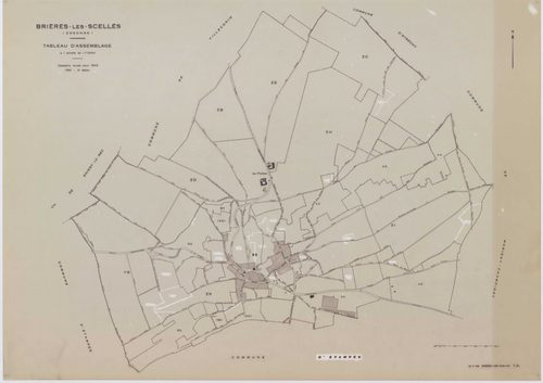BRIERES-LES-SCELLES, plans minutes de conservation : tableau d'assemblage,1943, Ech. 1/5000 ; plans des sections A2, A3, A4, A5, A6, B3, B5, B6, 1943, Ech. 1/1250, sections ZB, ZC, 1960, Ech. 1/2000, section YB, 1961, Ech. 1/2000, sections ZD, ZE, ZH, ZI,