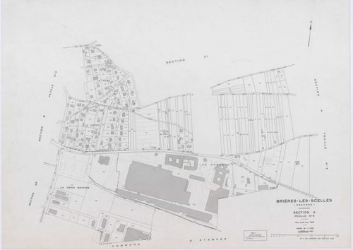 BRIERES-LES-SCELLES, plans minutes de conservation : tableau d'assemblage,1943, Ech. 1/5000 ; plans des sections A2, A3, A4, A5, A6, B3, B5, B6, 1943, Ech. 1/1250, sections ZB, ZC, 1960, Ech. 1/2000, section YB, 1961, Ech. 1/2000, sections ZD, ZE, ZH, ZI,