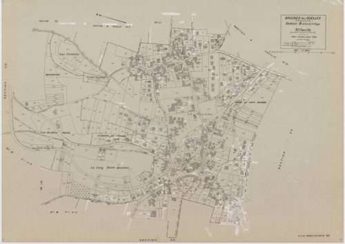 BRIERES-LES-SCELLES, plans minutes de conservation : tableau d'assemblage,1943, Ech. 1/5000 ; plans des sections A2, A3, A4, A5, A6, B3, B5, B6, 1943, Ech. 1/1250, sections ZB, ZC, 1960, Ech. 1/2000, section YB, 1961, Ech. 1/2000, sections ZD, ZE, ZH, ZI,