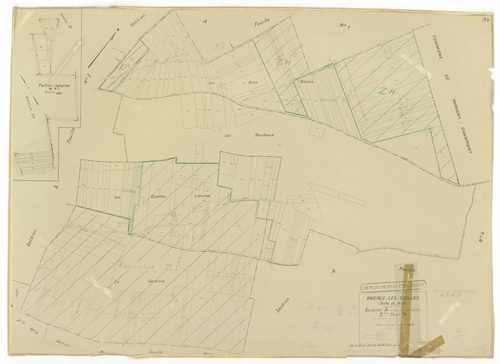 Plans minutes de conservation : BRIERES-LES-SCELLES : tableau d'assemblage n°1, ech. 1/5000 (1943), sections A1, A2, A3, A4, A5, A6, A7, B1, B2, B3, B4, B5, B6, B7, ech. 1/1250, section B1 (1953) ; sections B4 et B7, ech. 1/1250 (1961) ; section ZA, ech. 