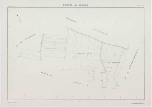 BRIERES-LES-SCELLES, plans minutes de conservation : tableau d'assemblage,1943, Ech. 1/5000 ; plans des sections A2, A3, A4, A5, A6, B3, B5, B6, 1943, Ech. 1/1250, sections ZB, ZC, 1960, Ech. 1/2000, section YB, 1961, Ech. 1/2000, sections ZD, ZE, ZH, ZI,
