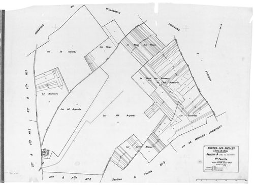 BRIERES-LES-SCELLES .- Cadastre révisé pour 1943 : plan du tableau d'assemblage, plans de la section A la Vallée 1ère feuille, idem 7ème feuille, section B le Village 1ère feuille, idem 4ème feuille, idem 7ème feuille ; cadastre révisé pour 1961 : plan de
