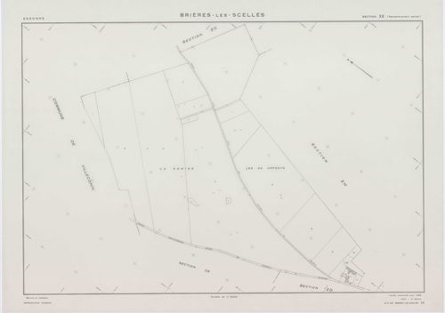 BRIERES-LES-SCELLES, plans minutes de conservation : tableau d'assemblage,1943, Ech. 1/5000 ; plans des sections A2, A3, A4, A5, A6, B3, B5, B6, 1943, Ech. 1/1250, sections ZB, ZC, 1960, Ech. 1/2000, section YB, 1961, Ech. 1/2000, sections ZD, ZE, ZH, ZI,