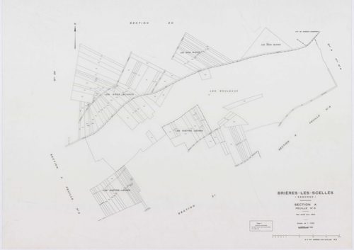 BRIERES-LES-SCELLES, plans minutes de conservation : tableau d'assemblage,1943, Ech. 1/5000 ; plans des sections A2, A3, A4, A5, A6, B3, B5, B6, 1943, Ech. 1/1250, sections ZB, ZC, 1960, Ech. 1/2000, section YB, 1961, Ech. 1/2000, sections ZD, ZE, ZH, ZI,