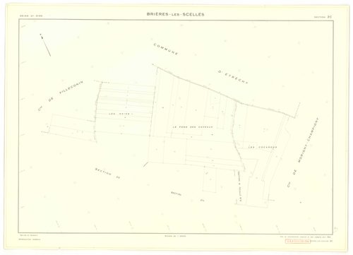 Plans minutes de conservation : BRIERES-LES-SCELLES : tableau d'assemblage n°1, ech. 1/5000 (1943), sections A1, A2, A3, A4, A5, A6, A7, B1, B2, B3, B4, B5, B6, B7, ech. 1/1250, section B1 (1953) ; sections B4 et B7, ech. 1/1250 (1961) ; section ZA, ech. 
