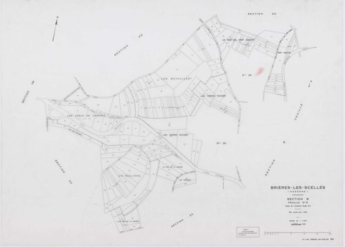 BRIERES-LES-SCELLES, plans minutes de conservation : tableau d'assemblage,1943, Ech. 1/5000 ; plans des sections A2, A3, A4, A5, A6, B3, B5, B6, 1943, Ech. 1/1250, sections ZB, ZC, 1960, Ech. 1/2000, section YB, 1961, Ech. 1/2000, sections ZD, ZE, ZH, ZI,