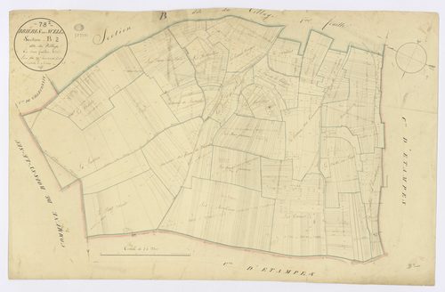 BRIERES-LES-SCELLES. - Section B - Village (le), 2ème feuille, ech. 1/2500, coul., aquarelle, papier, 63x96 (1824). 