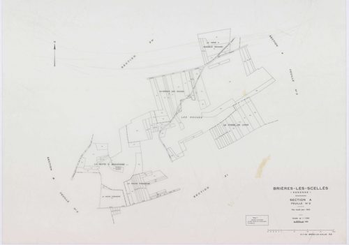 BRIERES-LES-SCELLES, plans minutes de conservation : tableau d'assemblage,1943, Ech. 1/5000 ; plans des sections A2, A3, A4, A5, A6, B3, B5, B6, 1943, Ech. 1/1250, sections ZB, ZC, 1960, Ech. 1/2000, section YB, 1961, Ech. 1/2000, sections ZD, ZE, ZH, ZI,