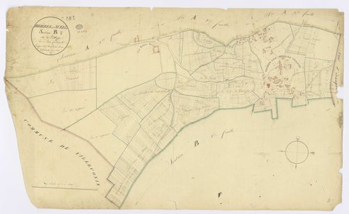 BRIERES-LES-SCELLES. - Section B - Village (le), 1ère feuille, ech. 1/2500, coul., aquarelle, papier, 63x103 (1824). 
