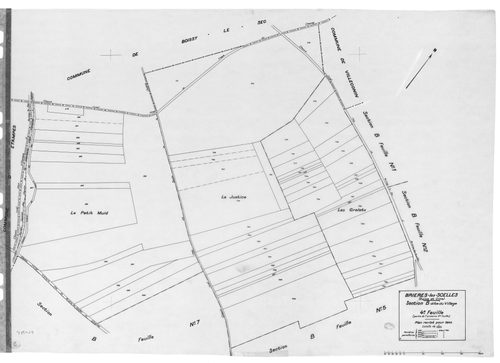 BRIERES-LES-SCELLES .- Cadastre révisé pour 1943 : plan du tableau d'assemblage, plans de la section A la Vallée 1ère feuille, idem 7ème feuille, section B le Village 1ère feuille, idem 4ème feuille, idem 7ème feuille ; cadastre révisé pour 1961 : plan de