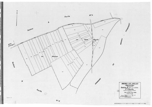 BRIERES-LES-SCELLES .- Cadastre révisé pour 1943 : plan du tableau d'assemblage, plans de la section A la Vallée 1ère feuille, idem 7ème feuille, section B le Village 1ère feuille, idem 4ème feuille, idem 7ème feuille ; cadastre révisé pour 1961 : plan de