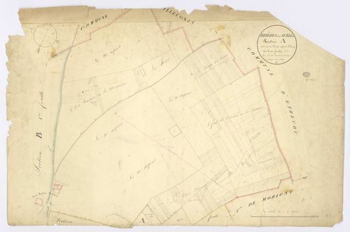 BRIERES-LES-SCELLES. - Section A - Vallée (la) et la Plaine, 1ère feuille, ech. 1/2500, coul., aquarelle, papier, 67x100 (1824). 