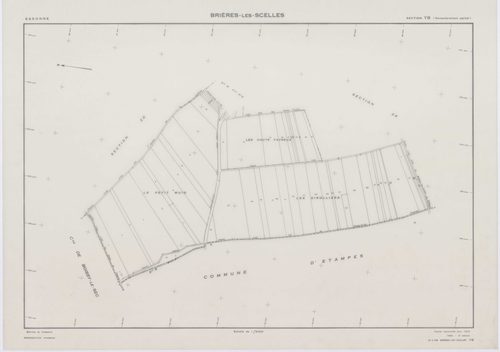 BRIERES-LES-SCELLES, plans minutes de conservation : tableau d'assemblage,1943, Ech. 1/5000 ; plans des sections A2, A3, A4, A5, A6, B3, B5, B6, 1943, Ech. 1/1250, sections ZB, ZC, 1960, Ech. 1/2000, section YB, 1961, Ech. 1/2000, sections ZD, ZE, ZH, ZI,