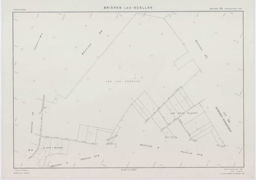 BRIERES-LES-SCELLES, plans minutes de conservation : tableau d'assemblage,1943, Ech. 1/5000 ; plans des sections A2, A3, A4, A5, A6, B3, B5, B6, 1943, Ech. 1/1250, sections ZB, ZC, 1960, Ech. 1/2000, section YB, 1961, Ech. 1/2000, sections ZD, ZE, ZH, ZI,