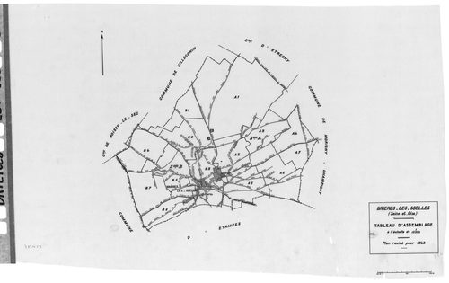 BRIERES-LES-SCELLES .- Cadastre révisé pour 1943 : plan du tableau d'assemblage, plans de la section A la Vallée 1ère feuille, idem 7ème feuille, section B le Village 1ère feuille, idem 4ème feuille, idem 7ème feuille ; cadastre révisé pour 1961 : plan de