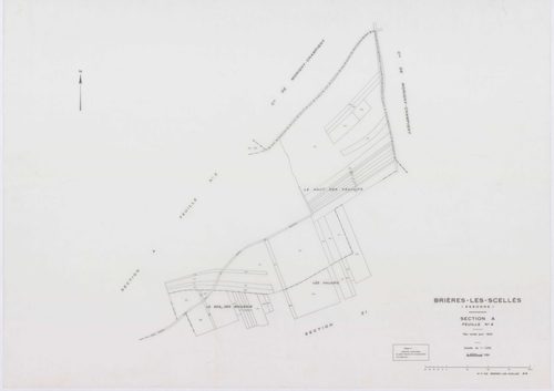 BRIERES-LES-SCELLES, plans minutes de conservation : tableau d'assemblage,1943, Ech. 1/5000 ; plans des sections A2, A3, A4, A5, A6, B3, B5, B6, 1943, Ech. 1/1250, sections ZB, ZC, 1960, Ech. 1/2000, section YB, 1961, Ech. 1/2000, sections ZD, ZE, ZH, ZI,