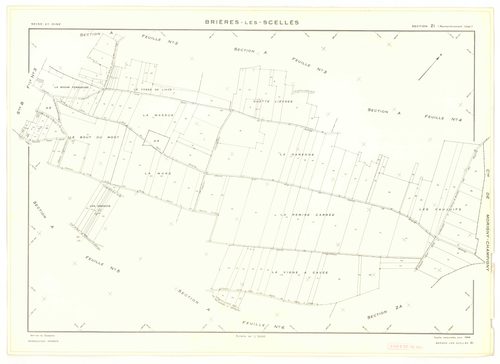 Plans minutes de conservation : BRIERES-LES-SCELLES : tableau d'assemblage n°1, ech. 1/5000 (1943), sections A1, A2, A3, A4, A5, A6, A7, B1, B2, B3, B4, B5, B6, B7, ech. 1/1250, section B1 (1953) ; sections B4 et B7, ech. 1/1250 (1961) ; section ZA, ech. 