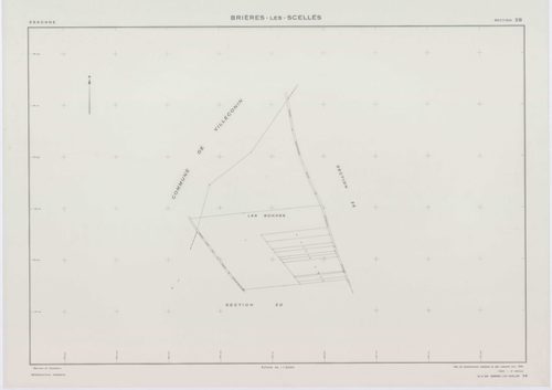 BRIERES-LES-SCELLES, plans minutes de conservation : tableau d'assemblage,1943, Ech. 1/5000 ; plans des sections A2, A3, A4, A5, A6, B3, B5, B6, 1943, Ech. 1/1250, sections ZB, ZC, 1960, Ech. 1/2000, section YB, 1961, Ech. 1/2000, sections ZD, ZE, ZH, ZI,