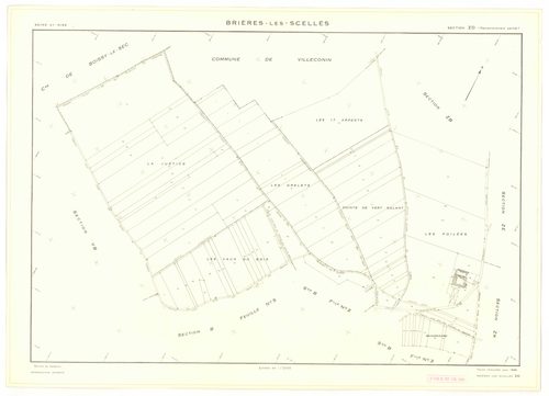 Plans minutes de conservation : BRIERES-LES-SCELLES : tableau d'assemblage n°1, ech. 1/5000 (1943), sections A1, A2, A3, A4, A5, A6, A7, B1, B2, B3, B4, B5, B6, B7, ech. 1/1250, section B1 (1953) ; sections B4 et B7, ech. 1/1250 (1961) ; section ZA, ech. 