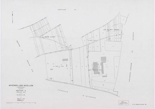 BRIERES-LES-SCELLES, plans minutes de conservation : tableau d'assemblage,1943, Ech. 1/5000 ; plans des sections A2, A3, A4, A5, A6, B3, B5, B6, 1943, Ech. 1/1250, sections ZB, ZC, 1960, Ech. 1/2000, section YB, 1961, Ech. 1/2000, sections ZD, ZE, ZH, ZI,