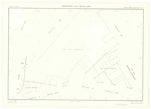 Plans minutes de conservation : BRIERES-LES-SCELLES : tableau d'assemblage n°1, ech. 1/5000 (1943), sections A1, A2, A3, A4, A5, A6, A7, B1, B2, B3, B4, B5, B6, B7, ech. 1/1250, section B1 (1953) ; sections B4 et B7, ech. 1/1250 (1961) ; section ZA, ech. 