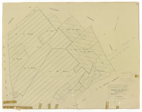 Plans minutes de conservation : BRIERES-LES-SCELLES : tableau d'assemblage n°1, ech. 1/5000 (1943), sections A1, A2, A3, A4, A5, A6, A7, B1, B2, B3, B4, B5, B6, B7, ech. 1/1250, section B1 (1953) ; sections B4 et B7, ech. 1/1250 (1961) ; section ZA, ech. 