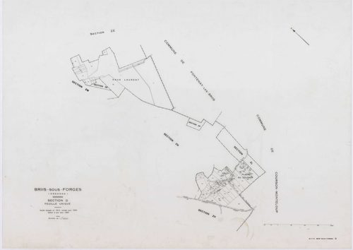 BRIIS-SOUS-FORGES, plans minutes de conservation : tableau d'assemblage,1933, Ech. 1/10000 ; plans des sections C1, C3, F2, F4, 1933, Ech. 1/1250, sections C2, D, E, F1, F3, 1933, Ech. 1/2500, sections ZB, ZC, ZD, ZE, ZH, ZI, 1977, Ech. 1/2000, section ZK