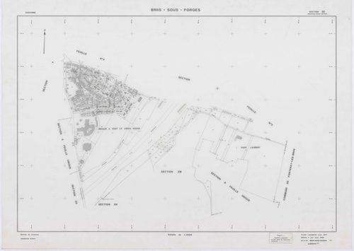 BRIIS-SOUS-FORGES, plans minutes de conservation : tableau d'assemblage,1933, Ech. 1/10000 ; plans des sections C1, C3, F2, F4, 1933, Ech. 1/1250, sections C2, D, E, F1, F3, 1933, Ech. 1/2500, sections ZB, ZC, ZD, ZE, ZH, ZI, 1977, Ech. 1/2000, section ZK