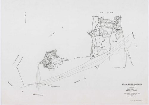 BRIIS-SOUS-FORGES, plans minutes de conservation : tableau d'assemblage,1933, Ech. 1/10000 ; plans des sections C1, C3, F2, F4, 1933, Ech. 1/1250, sections C2, D, E, F1, F3, 1933, Ech. 1/2500, sections ZB, ZC, ZD, ZE, ZH, ZI, 1977, Ech. 1/2000, section ZK