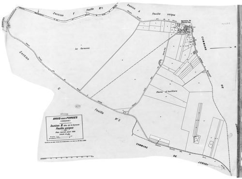 BRIIS-SOUS-FORGES .- Cadastre révisé pour 1933 : plan du tableau d'assemblage, plans de la section A Frileuse , section B la Garenne, section C Bligny 1ère feuille, idem 2ème feuille, section D Coudray, section E Launay-Maréchaux, section F le Village 1èr