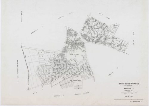 BRIIS-SOUS-FORGES, plans minutes de conservation : tableau d'assemblage,1933, Ech. 1/10000 ; plans des sections C1, C3, F2, F4, 1933, Ech. 1/1250, sections C2, D, E, F1, F3, 1933, Ech. 1/2500, sections ZB, ZC, ZD, ZE, ZH, ZI, 1977, Ech. 1/2000, section ZK