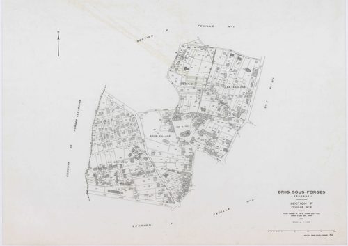 BRIIS-SOUS-FORGES, plans minutes de conservation : tableau d'assemblage,1933, Ech. 1/10000 ; plans des sections C1, C3, F2, F4, 1933, Ech. 1/1250, sections C2, D, E, F1, F3, 1933, Ech. 1/2500, sections ZB, ZC, ZD, ZE, ZH, ZI, 1977, Ech. 1/2000, section ZK