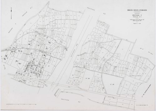 BRIIS-SOUS-FORGES, plans minutes de conservation : tableau d'assemblage,1933, Ech. 1/10000 ; plans des sections C1, C3, F2, F4, 1933, Ech. 1/1250, sections C2, D, E, F1, F3, 1933, Ech. 1/2500, sections ZB, ZC, ZD, ZE, ZH, ZI, 1977, Ech. 1/2000, section ZK