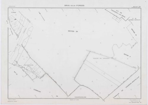 BRIIS-SOUS-FORGES, plans minutes de conservation : tableau d'assemblage,1933, Ech. 1/10000 ; plans des sections C1, C3, F2, F4, 1933, Ech. 1/1250, sections C2, D, E, F1, F3, 1933, Ech. 1/2500, sections ZB, ZC, ZD, ZE, ZH, ZI, 1977, Ech. 1/2000, section ZK