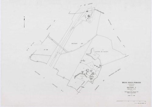BRIIS-SOUS-FORGES, plans minutes de conservation : tableau d'assemblage,1933, Ech. 1/10000 ; plans des sections C1, C3, F2, F4, 1933, Ech. 1/1250, sections C2, D, E, F1, F3, 1933, Ech. 1/2500, sections ZB, ZC, ZD, ZE, ZH, ZI, 1977, Ech. 1/2000, section ZK