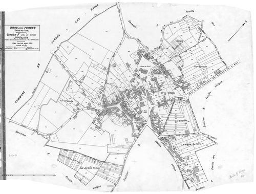 BRIIS-SOUS-FORGES .- Cadastre révisé pour 1933 : plan du tableau d'assemblage, plans de la section A Frileuse , section B la Garenne, section C Bligny 1ère feuille, idem 2ème feuille, section D Coudray, section E Launay-Maréchaux, section F le Village 1èr