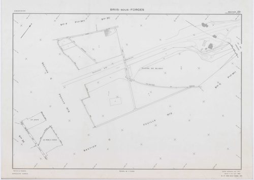 BRIIS-SOUS-FORGES, plans minutes de conservation : tableau d'assemblage,1933, Ech. 1/10000 ; plans des sections C1, C3, F2, F4, 1933, Ech. 1/1250, sections C2, D, E, F1, F3, 1933, Ech. 1/2500, sections ZB, ZC, ZD, ZE, ZH, ZI, 1977, Ech. 1/2000, section ZK