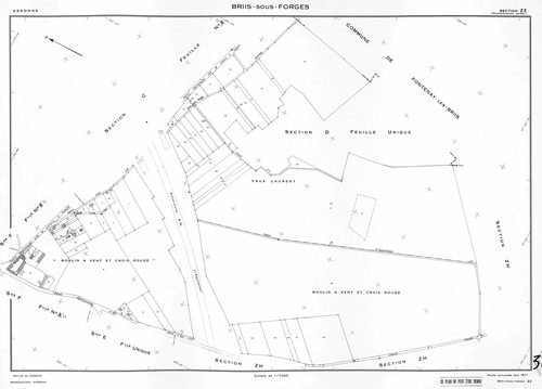 BRIIS-SOUS-FORGES. - Plan révisé pour 1933, à jour pour 1974 : plans des sections C dite de Bligny (feuille 1) et D dite du Coudray ; plan révisé pour 1933, à jour pour 1977 (3ème édition) : plans du tableau d'assemblage, des sections C (feuilles 2-3) et 