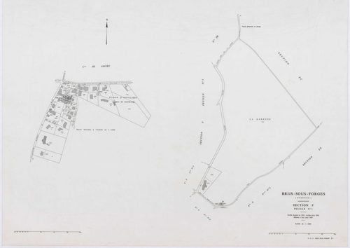BRIIS-SOUS-FORGES, plans minutes de conservation : tableau d'assemblage,1933, Ech. 1/10000 ; plans des sections C1, C3, F2, F4, 1933, Ech. 1/1250, sections C2, D, E, F1, F3, 1933, Ech. 1/2500, sections ZB, ZC, ZD, ZE, ZH, ZI, 1977, Ech. 1/2000, section ZK