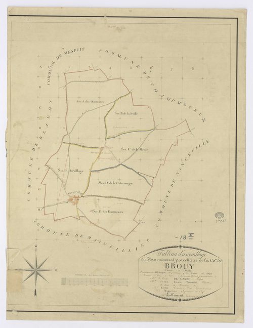 BROUY. - Tableau d'assemblage, ech. 1/10000, coul., aquarelle, papier, 78x58 (1815). 
