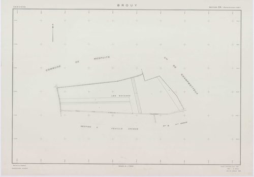 BROUY, plans minutes de conservation : tableau d'assemblage,1951, Ech. 1/10000 ; plans des sections A, B, C, D, E, F, G, H, 1951, Ech. 1/2000, section ZA, 1961, Ech. 1/2000. Polyester. N et B. Dim. 105 x 80 cm [10 plans]. 