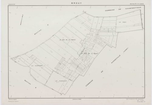 BROUY, plans minutes de conservation : tableau d'assemblage,1951, Ech. 1/10000 ; plans des sections A, B, C, D, E, F, G, H, 1951, Ech. 1/2000, section ZA, 1961, Ech. 1/2000. Polyester. N et B. Dim. 105 x 80 cm [10 plans]. 